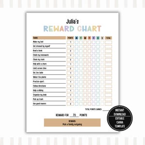 May include: A printable reward chart titled Julia's Reward Chart with a list of tasks, point values, and a weekly tracking grid. The document includes sections for total points earned, a reward goal of 70 points, and a specific reward description.