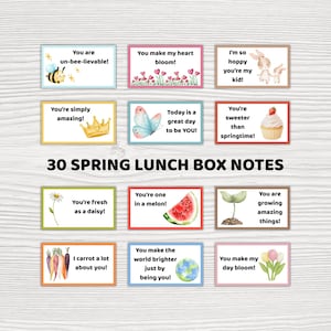 Peut inclure: Ensemble de 30 notes printanières pour boîtes à lunch, avec des illustrations colorées et des messages positifs. Chaque note présente un design unique, avec une abeille, des fleurs, un papillon et un cupcake. Les notes sont conçues pour égayer la journée d'un enfant.
