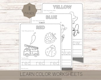 May include: A set of 11 pages of educational color worksheets featuring black and white line drawings of objects like a chili pepper, strawberry, ladybug, and fire truck. Each page includes the color name in large letters and tracing lines.