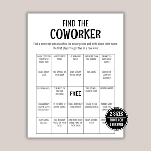 Op de afbeelding: Een wit papieren spelblad met de titel FIND THE COWORKER met een vijf-bij-vijf raster met opdrachten voor een kantoorbingo-activiteit. De tekst bevat instructies om collega's te vinden. Een ronde badge vermeldt 2 SIZES PRINT 1 OR 2 PER PAGE.
