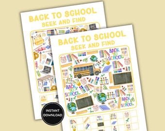 May include: Two white activity sheets titled BACK TO SCHOOL SEEK AND FIND featuring colourful watercolour illustrations of school supplies like a yellow bus, globes, chalkboards, rulers, and pencils, with a grid at the bottom for tracking items.