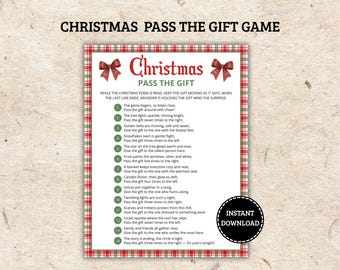 May include: A Christmas Pass the Gift game card featuring a red and green plaid border, two red plaid bows, and a poem with fourteen numbered instructions. The text includes the title Christmas Pass the Gift and an Instant Download badge.