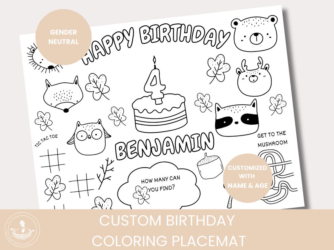 Woodland Animals Birthday Coloring Placemat Activity Sheet Party ...