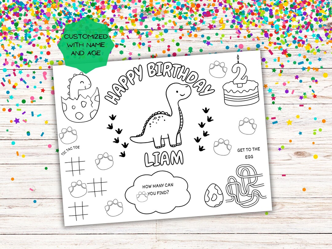 Dinosaur Birthday Placemat – Personalized Coloring Activity | Custom ...