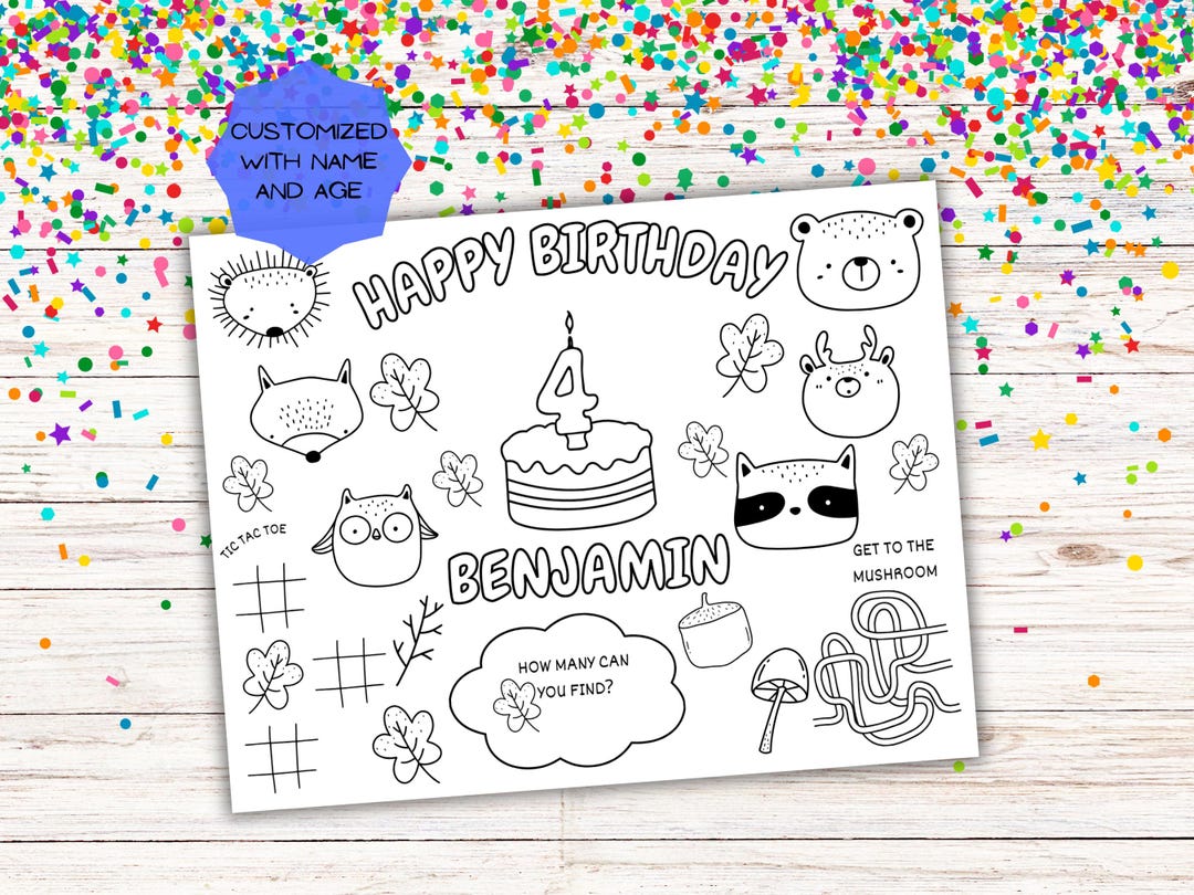 Personalized Woodland Birthday Placemat – Coloring Activity (digital ...
