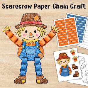 May include: A Scarecrow Paper Chain Craft kit featuring a colored scarecrow with a brown hat, blue overalls, and orange shirt, with paper chain links for arms and legs, plus printable sheets of colored and black-and-white paper strips.