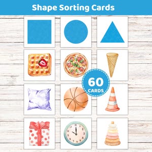 May include: A set of 60 Shape Sorting Cards featuring illustrations of geometric shapes and everyday objects including a waffle, pizza, ice cream cone, pillow, basketball, traffic cone, gift, clock, and stacking toy on white square backgrounds.