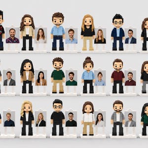 May include: A collection of block-style figurines, each depicting a person with a unique outfit and hairstyle. Each figurine stands on a small platform with a photo of a person. The figurines are in various outfits, including jackets, shirts, and pants.