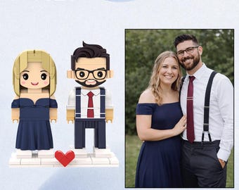 Anpassad vit parfigur i tegelstil | Personlig parpresent | Jubileumsminne | Söt blockfigurstaty | Bröllopspresentidé