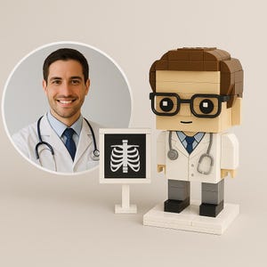 May include: A Lego-style doctor figure with brown hair, black glasses, and a white lab coat. The figure has a stethoscope and a small sign with a rib cage image. A photo of a smiling man in a doctor's coat is in the background.