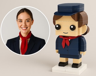 Anpassad kabinpersonalfigur i tegel – Personlig minifigur av flygvärdinna | Gåva till besättningsmedlemmar, flygälskare och resenärer