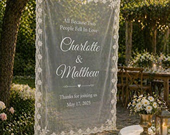 Personalized lace backdrop banner for elegant outdoor ceremonies and celebrations