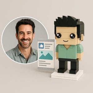 May include: A Lego-style figure with a green shirt, black pants, and black hair. The figure stands on a white base. Beside it is a portrait of a smiling man and a Lego-style tablet with a mountain and document icon.