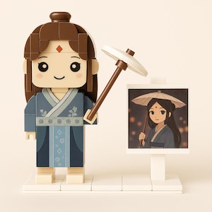 May include: A Lego-style figure of a woman in a blue robe, holding a brown and white parasol. The figure has brown hair and a red gem on her forehead. A small picture of a woman with a parasol is next to the figure.