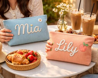 Personalized Corduroy Makeup Bag Custom Name Cosmetic Pouch Cute Travel Organizer Bridesmaid Gift Aesthetic Toiletry Bag Birthday Gift