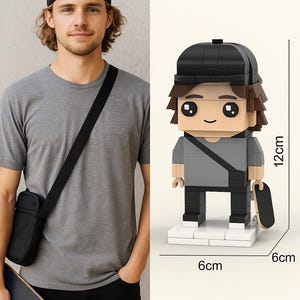 May include: A toy figure of a person wearing a black cap and carrying a skateboard. The figure is 12cm tall and 6cm wide. The figure is wearing a gray shirt and black pants. The figure is standing on a white base. The person in the image is wearing a gray shirt and black cap.