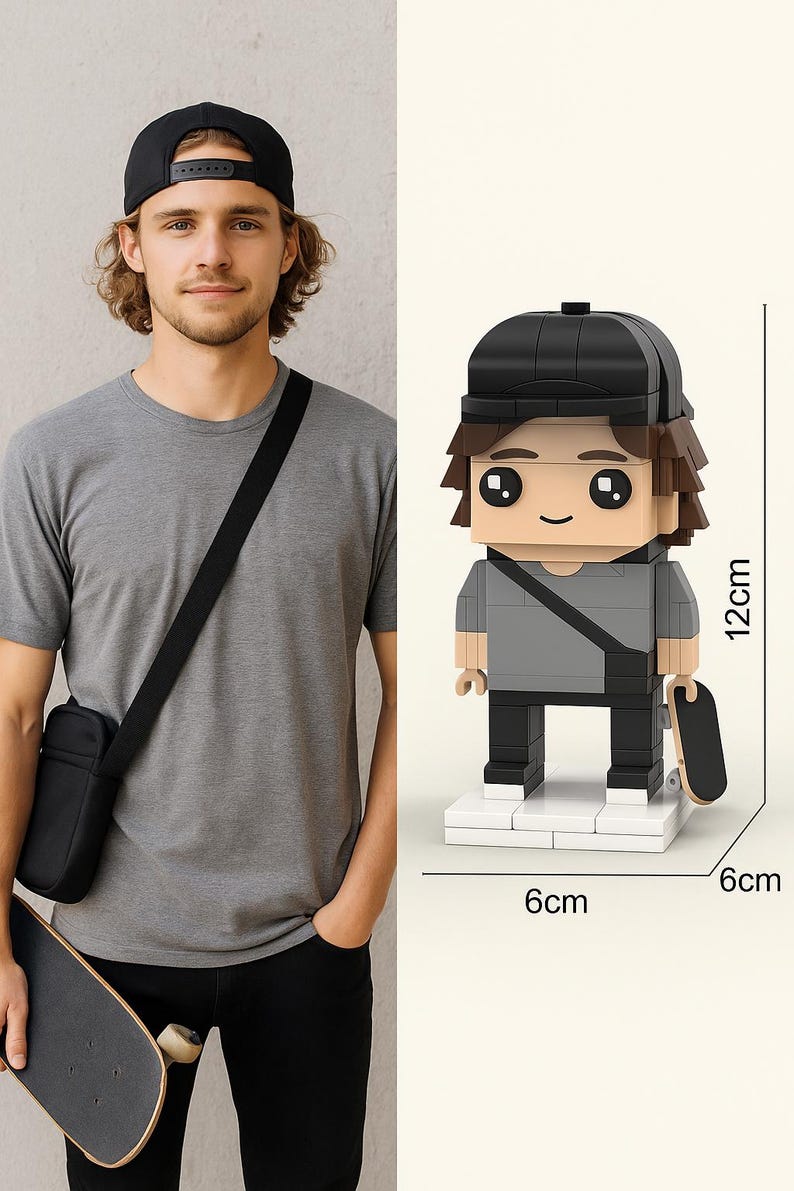 May include: A toy figure of a person wearing a black cap and carrying a skateboard. The figure is 12cm tall and 6cm wide. The figure is wearing a gray shirt and black pants. The figure is standing on a white base. The person in the image is wearing a gray shirt and black cap.