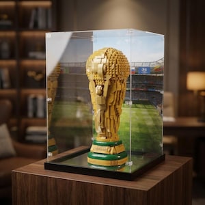 Stor akrylmonter för LEGO World Cup-trofén 43020 Genomskinlig dammtät displaylåda med svart bas | Samlarmodellmonteringsskåp