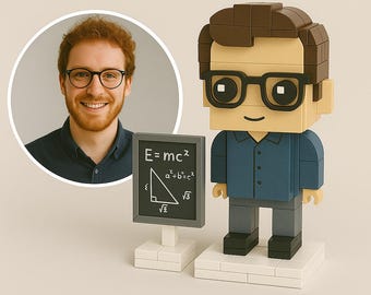 Anpassad matematiker-klossfigur • Personlig minifigur från ditt foto • Formel-/ekvationstavla • Mattelärarpresent • Skrivbordsdekoration