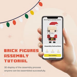 May include: A smartphone displays a brick figure Santa Claus assembly tutorial. The screen shows a 3D model of Santa in a red suit and hat. The text "Brick Figures Assembly Tutorial" is displayed in red block letters.