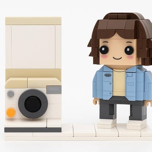 May include: A Lego brick-built figure of a person wearing a blue jacket and dark pants, standing next to a Lego brick-built camera. The camera has a black lens and an orange button. The figure has brown hair and a smiling face.