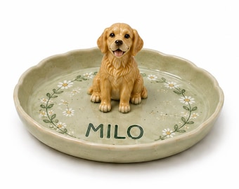Personalized Dog Trinket Dish, Custom Pet Name Jewelry Plate, Golden Retriever Figurine, Ceramic Ring Dish, Dog Lover Memorial Gift