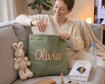 Personalized Name Tote Bag, Custom Embroidered Tote Aesthetic Canvas Bag, Bridesmaid Gift, Birthday Gift for Her, Cute Everyday Shoulder Bag