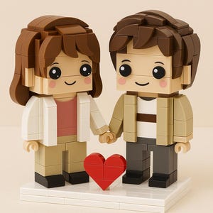 May include: A Lego-style couple figurine holding hands, with a red heart between them. The figures have brown hair, smiling faces, and are dressed in neutral-toned clothing. The base is white.