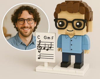 Anpassad musiklärare-tegelfigur • Personlig minifigur från ditt foto • Ackord-/notblad • Musiklärarpresent