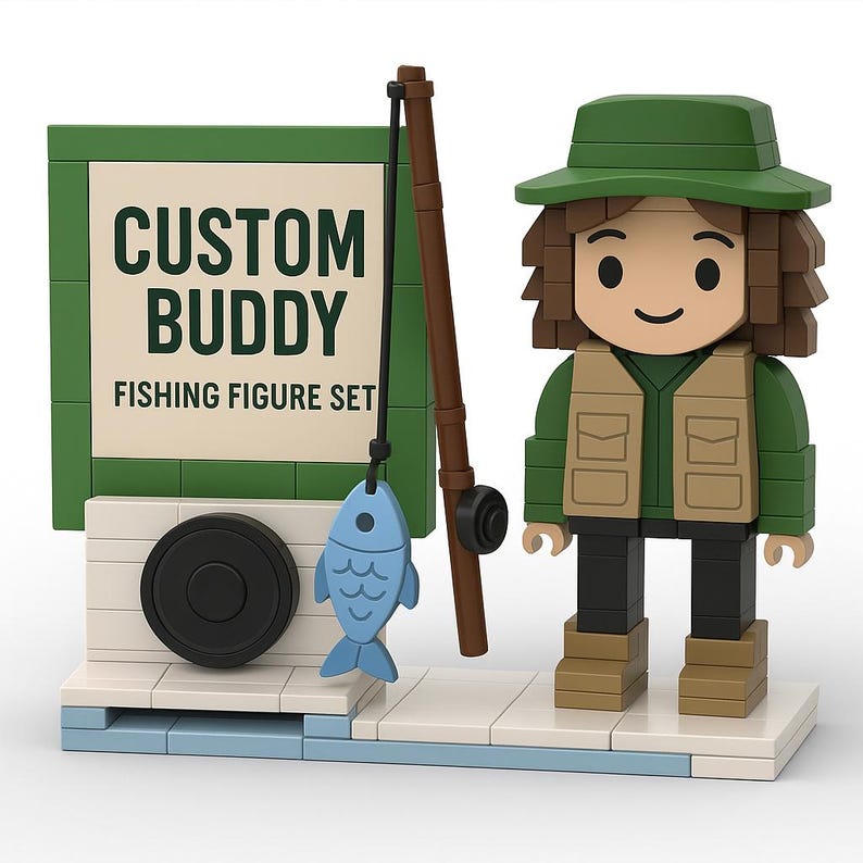 May include: A Custom Buddy fishing figure set. The set includes a figure wearing a green hat and vest, a fishing rod, and a blue fish. The sign reads "CUSTOM BUDDY FISHING FIGURE SET".