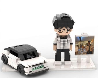 Personalized Brick Figure & Vehicle Display | Custom Photo Block Set | Mini Brick Car, Motorcycle or Scooter with Portrait