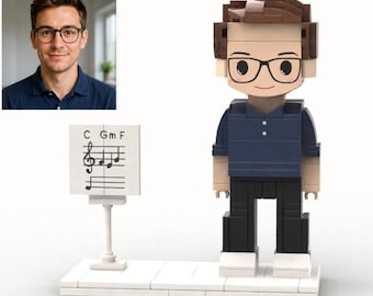 Custom Music Instructor Brick Figurine • Personalized Mini Figure from Your Photo • Chord/Sheet Board • Music Teacher Gift