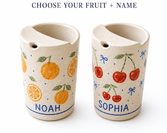 Personalized Ceramic Mug Custom Fruit and Name Design, Hand Painted Cup