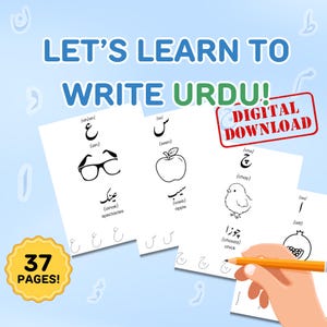 Può includere: Una risorsa educativa scaricabile digitalmente con il testo "LET'S LEARN TO WRITE URDU!" e "DOWNLOAD DIGITALE". L'immagine mostra fogli di lavoro con lettere urdu, traduzioni inglesi e illustrazioni di occhiali, una mela e un pulcino.