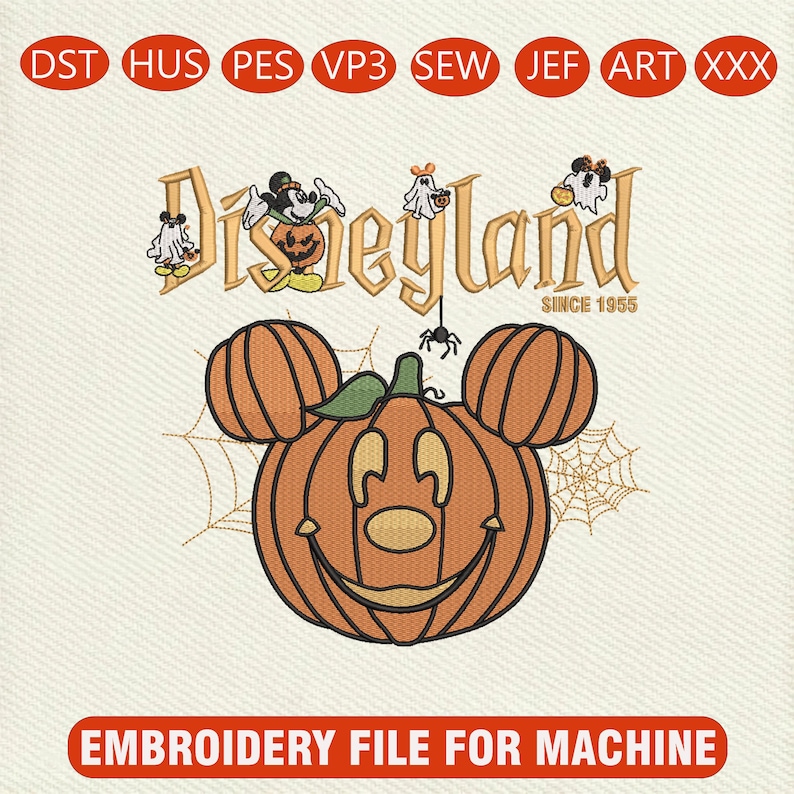 Disneyland Halloween Embroidery Design, Mickey Pumpkin Embroidery File, Ghost Mickey Halloween Shirt Design, Machine Embroidery Pattern image 1