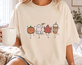Cute Autumn Embroidery File, Dancing Halloween Characters Embroidery Design, Ghost Pumpkin Coffee Embroidery Pattern, Digital Download