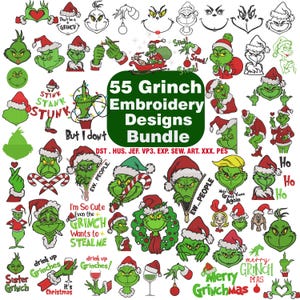 Può includere: Una collezione di 55 disegni di ricamo del Grinch. I disegni raffigurano il Grinch in varie pose festive, con un cappello da Babbo Natale e bastoncini di zucchero. Il testo include "Merry Grinchmas" e "But I don't".