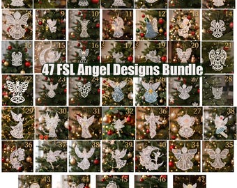47 Angel FSL Embroidery Designs Bundle, Christmas Ornament Lace (Instant Download)