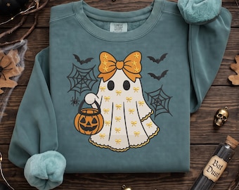 Cute Halloween Ghost Embroidery Design, Bow Ghost with Pumpkin Embroidery File for Machine, Spooky Season Digital Download