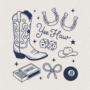 May include: A navy blue and white illustration featuring a cowboy boot, horseshoes, dice, a cowboy hat, a matchbox with the word "COWGIRL", a rope bow, and an 8-ball. The text "Yee Haw" is also included.