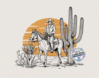 May include: Black and white illustration of a cowboy riding a horse through a desert landscape. A large cactus and a setting sun are in the background. The image has a vintage, western theme.