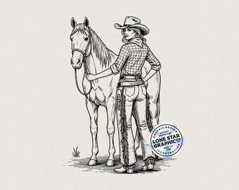 Op de afbeelding: Zwart-wit illustratie van een cowgirl en een paard. De cowgirl draagt een cowboyhoed, geruit overhemd, jeans en laarzen. Het paard heeft een halster en teugels. De tekst "LONE STAR GRAPHIC CO." is inbegrepen.