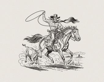Op de afbeelding: Zwart-wit illustratie van een cowboy te paard die een kalf probeert te vangen met een lasso. De cowboy draagt een hoed en heeft een sjaal. Het paard galoppeert over een veld, met het kalf dat voorop rent.