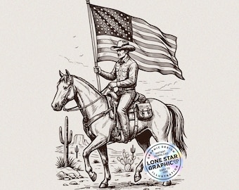 Cowboy American Flag PNG SVG | Western Patriot Horse Rider Graphic | Vintage USA Independence Day Design | Vintage Western Sublimation