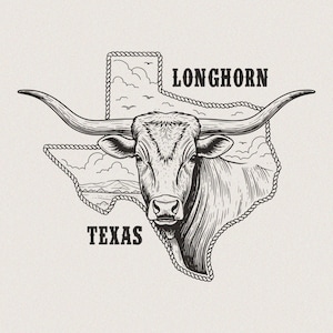 Könnte beinhalten: Schwarz-Weiß-Illustration eines Texas Longhorn-Bullen, umrandet von der Form des Bundesstaates, mit Seildetails. Die Wörter "LONGHORN" und "TEXAS" sind abgebildet. Das Bild zeigt einen detaillierten Kopf des Bullen.