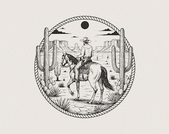 May include: Black and white illustration of a cowboy riding a horse through a desert landscape. The scene is enclosed in a circular rope border, featuring cacti, mountains, and a sun. The cowboy wears a hat and is seen from the back.