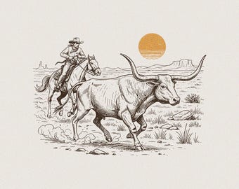 Cattle Ropin’ Cowboy PNG SVG | Western Ranch Roping Line Art | Rustic Rodeo Country Clipart for T-Shirts, Tumblers & Digital Downloads