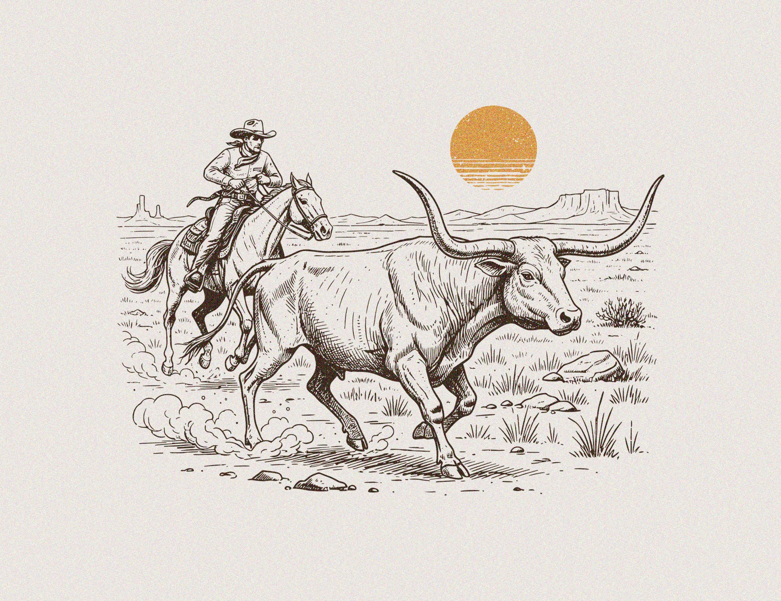 Cowboy Roping Line Work Cattle Ropin’ Cowboy PNG SVG | Western Ranch Roping Line Art | Rustic ...