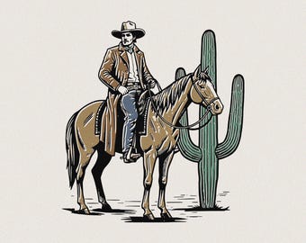 May include: An illustration of a cowboy on horseback, wearing a hat and long coat, with a cactus in the background. The cowboy is depicted in brown, blue, and tan tones, with a detailed design. The cactus is green with a textured appearance, set against a cream background.