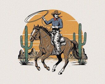 May include: Illustration of a cowboy riding a brown horse, roping with a lasso. The cowboy wears a hat, red neckerchief, and blue shirt. The background features a desert scene with cacti and a setting sun.